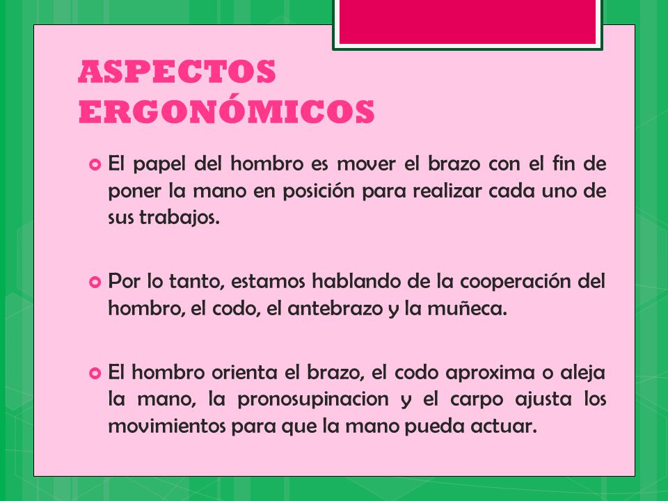 ASPECTOS ERGONÓMICOS El papel del hombro es mover el brazo con el fin de poner la mano en posición para realizar cada uno de sus trabajos.