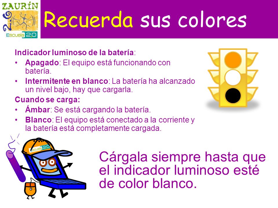 Recuerda sus colores Indicador luminoso de la batería: Apagado: El equipo está funcionando con batería.