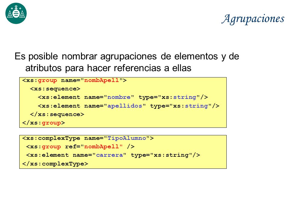 Agrupaciones Es posible nombrar agrupaciones de elementos y de atributos para hacer referencias a ellas.