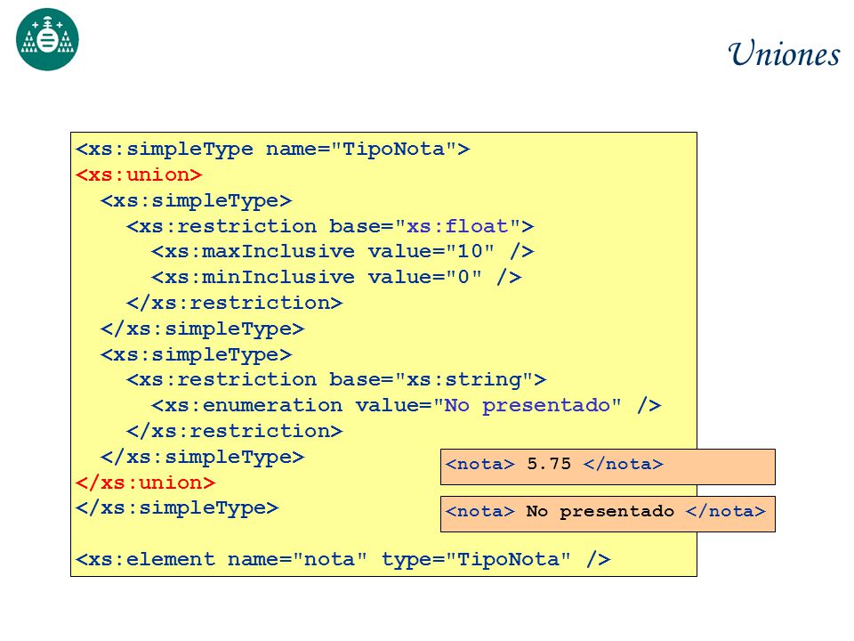 Uniones <xs:simpleType name= TipoNota > <xs:union>