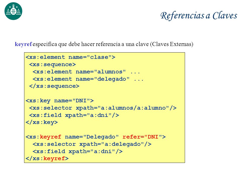 Referencias a Claves keyref especifica que debe hacer referencia a una clave (Claves Externas) <xs:element name= clase >