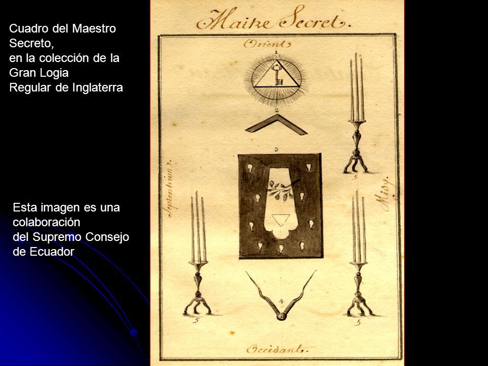 Cuadro del Maestro Secreto, en la colección de la. Gran Logia. Regular de Inglaterra. Esta imagen es una.