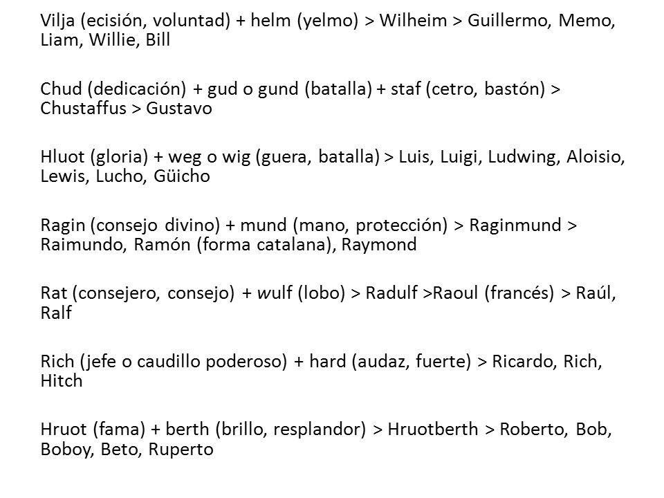 Vilja (ecisión, voluntad) + helm (yelmo) > Wilheim > Guillermo, Memo, Liam, Willie, Bill