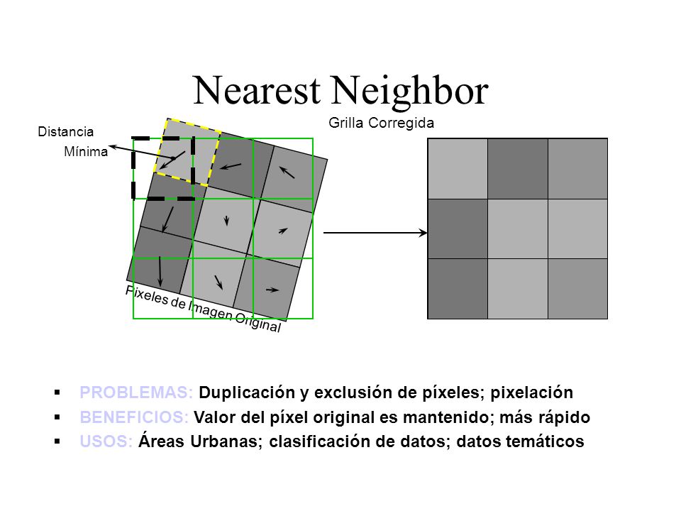 Nearest Neighbor Grilla Corregida. Distancia Mínima. Pixeles de Imagen Original. PROBLEMAS: Duplicación y exclusión de píxeles; pixelación.