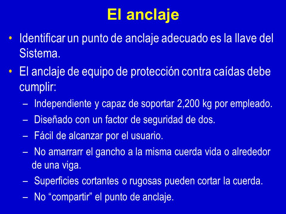 El anclaje Identificar un punto de anclaje adecuado es la llave del Sistema. El anclaje de equipo de protección contra caídas debe cumplir: