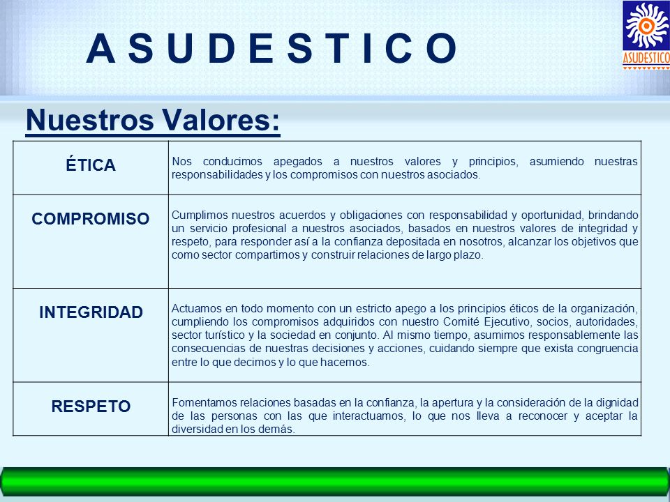 A S U D E S T I C O Nuestros Valores: ÉTICA COMPROMISO INTEGRIDAD