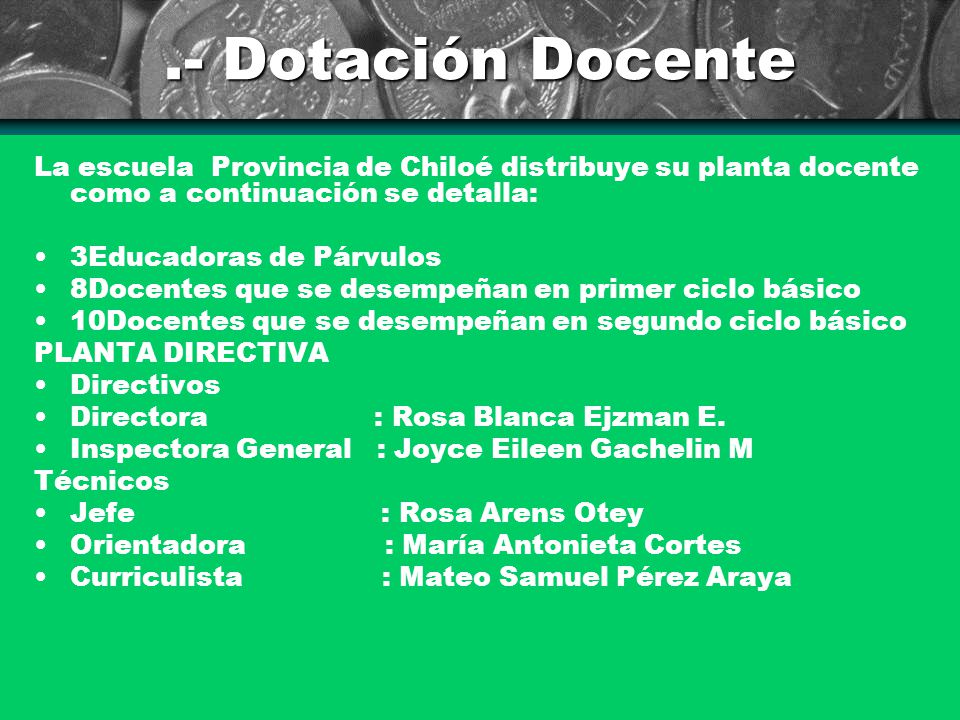 .- Dotación Docente La escuela Provincia de Chiloé distribuye su planta docente como a continuación se detalla: