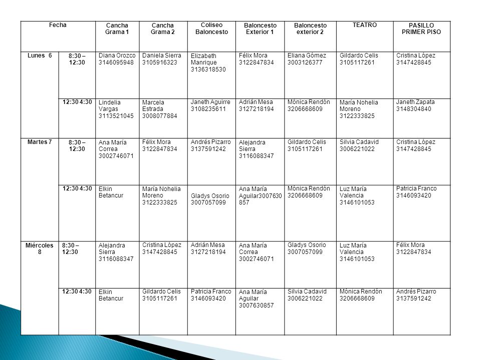 Fecha Cancha Grama 1. Cancha Grama 2. Coliseo. Baloncesto. Baloncesto Exterior 1. Baloncesto exterior 2.