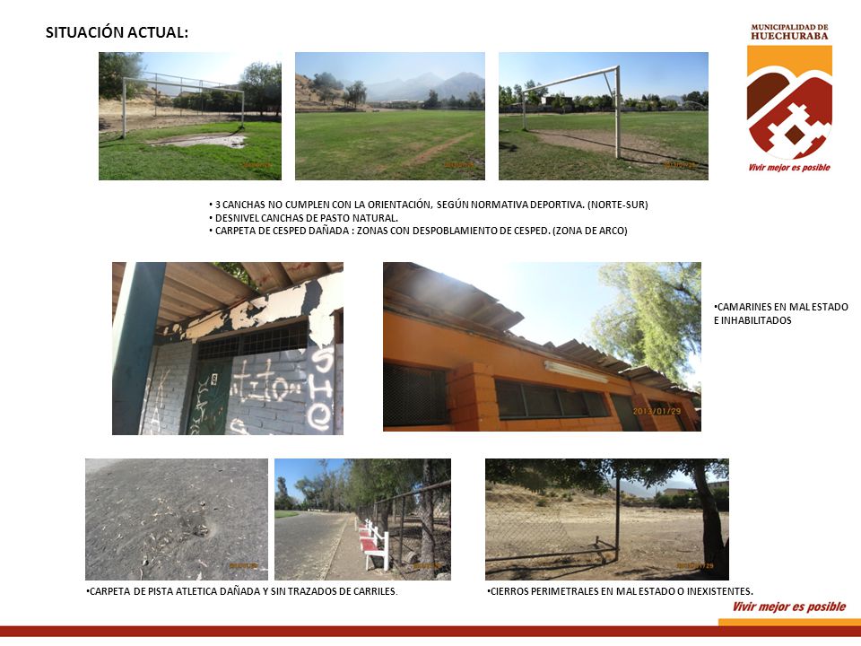 SITUACIÓN ACTUAL: 3 CANCHAS NO CUMPLEN CON LA ORIENTACIÓN, SEGÚN NORMATIVA DEPORTIVA. (NORTE-SUR) DESNIVEL CANCHAS DE PASTO NATURAL.