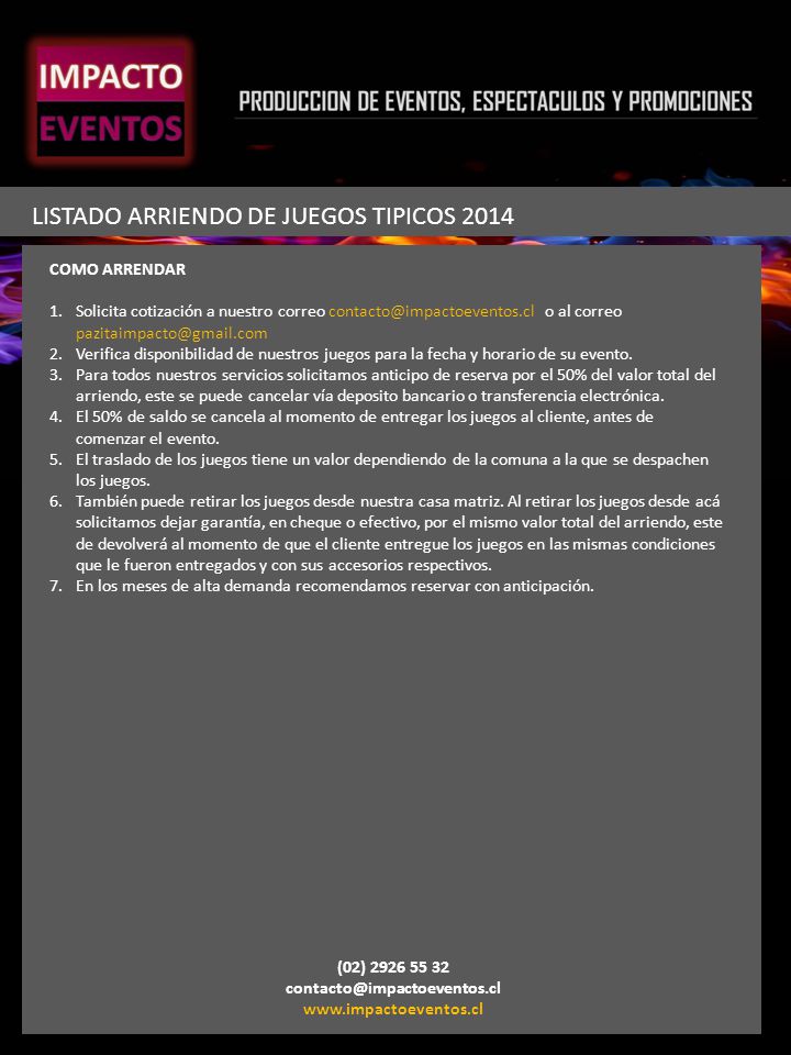 LISTADO ARRIENDO DE JUEGOS TIPICOS 2014