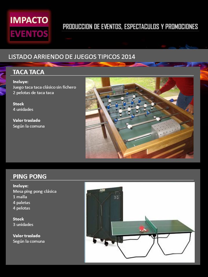 LISTADO ARRIENDO DE JUEGOS TIPICOS 2014