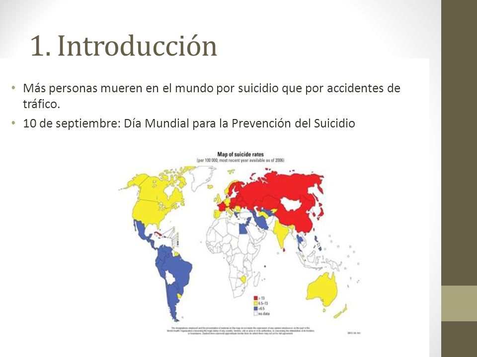 1. Introducción Más personas mueren en el mundo por suicidio que por accidentes de tráfico.