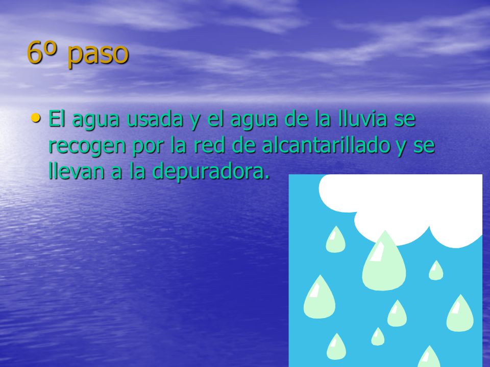 6º paso El agua usada y el agua de la lluvia se recogen por la red de alcantarillado y se llevan a la depuradora.