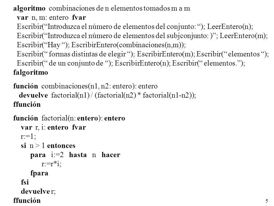 algoritmo combinaciones de n elementos tomados m a m