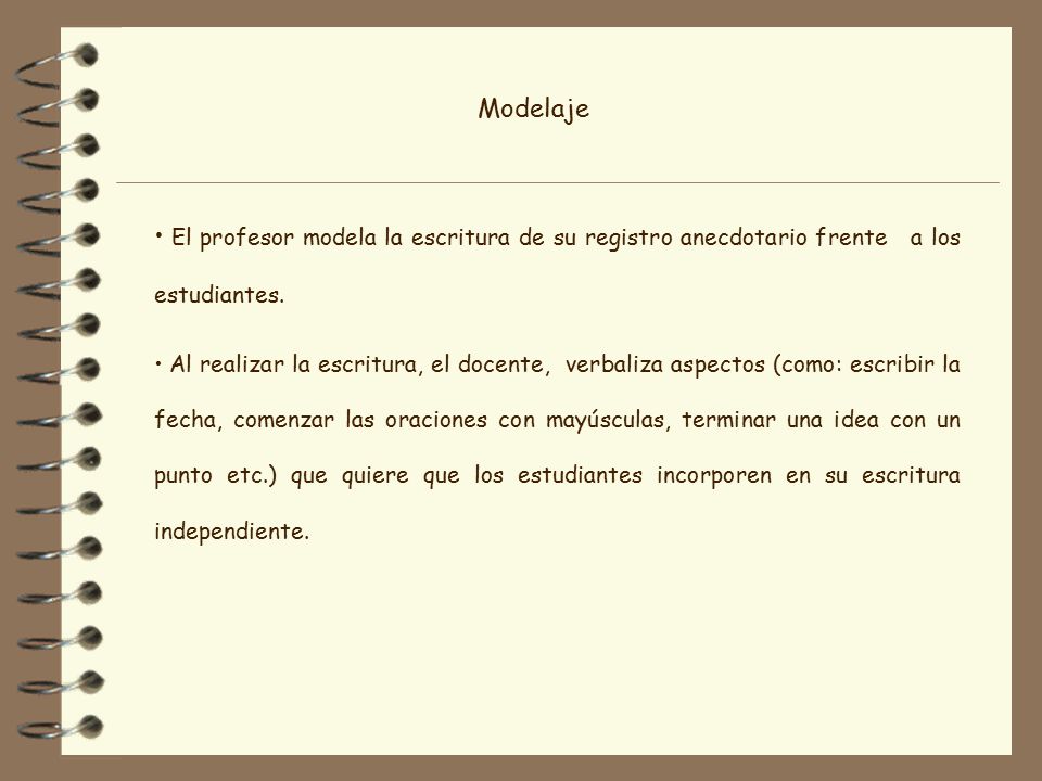 Modelaje El profesor modela la escritura de su registro anecdotario frente a los estudiantes.