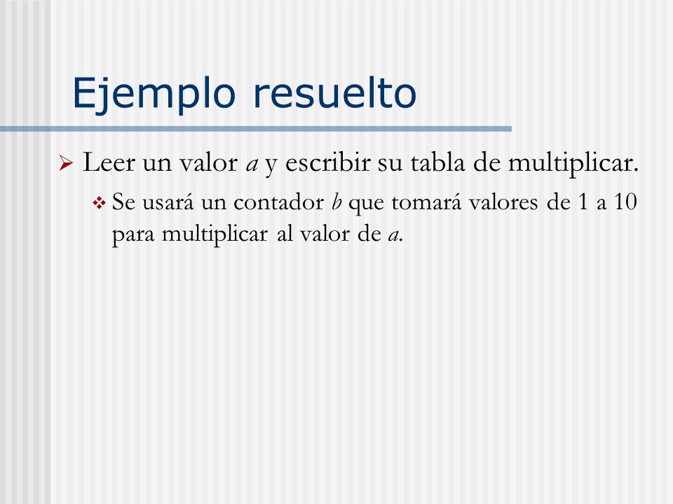 Ejemplo resuelto Leer un valor a y escribir su tabla de multiplicar.