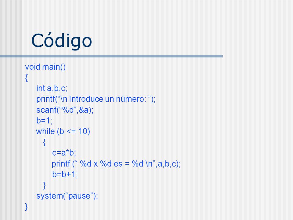 Código void main() { int a,b,c; printf( \n Introduce un número: );