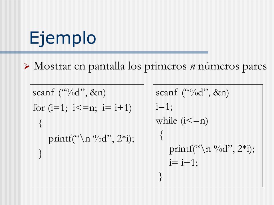 Ejemplo Mostrar en pantalla los primeros n números pares