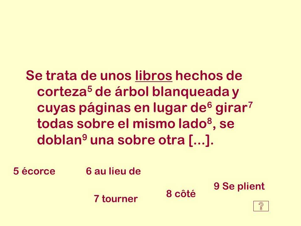 Se trata de unos libros hechos de corteza5 de árbol blanqueada y cuyas páginas en lugar de6 girar7 todas sobre el mismo lado8, se doblan9 una sobre otra [...].