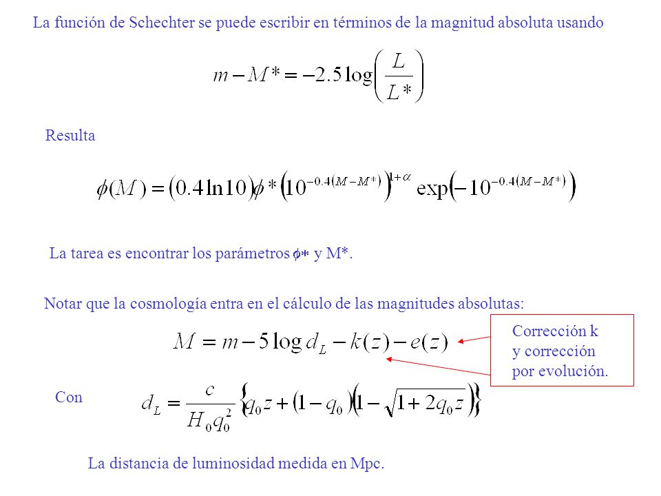 La función de Schechter se puede escribir en términos de la magnitud absoluta usando