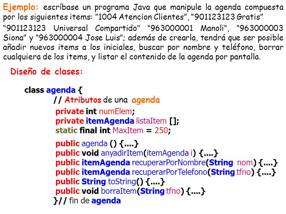 Ejemplo: escríbase un programa Java que manipule la agenda compuesta por los siguientes items: 1004 Atencion Clientes , Gratis
