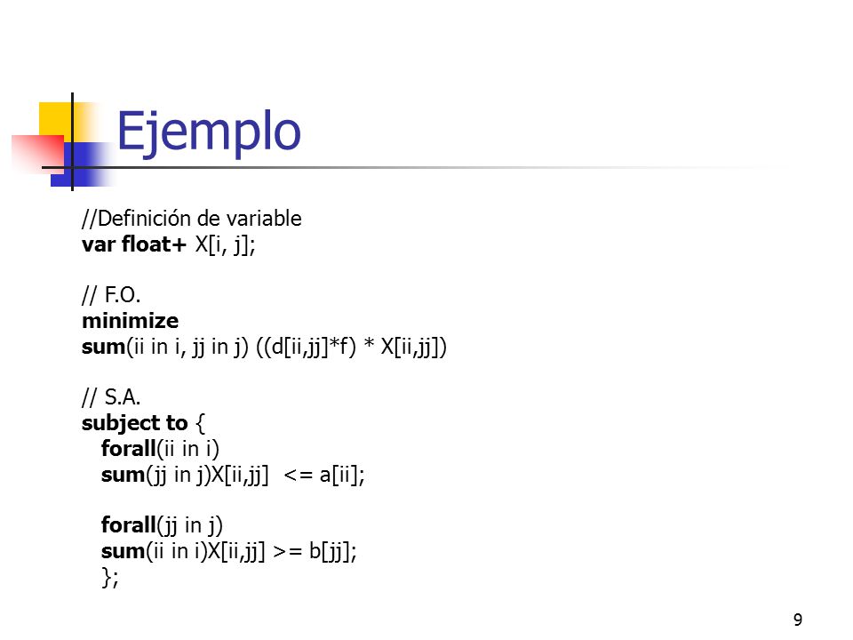 Ejemplo //Definición de variable var float+ X[i, j]; // F.O. minimize