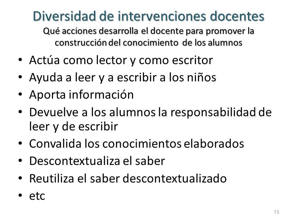 Diversidad de intervenciones docentes Qué acciones desarrolla el docente para promover la construcción del conocimiento de los alumnos