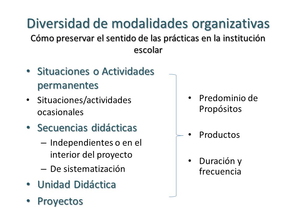 Diversidad de modalidades organizativas Cómo preservar el sentido de las prácticas en la institución escolar