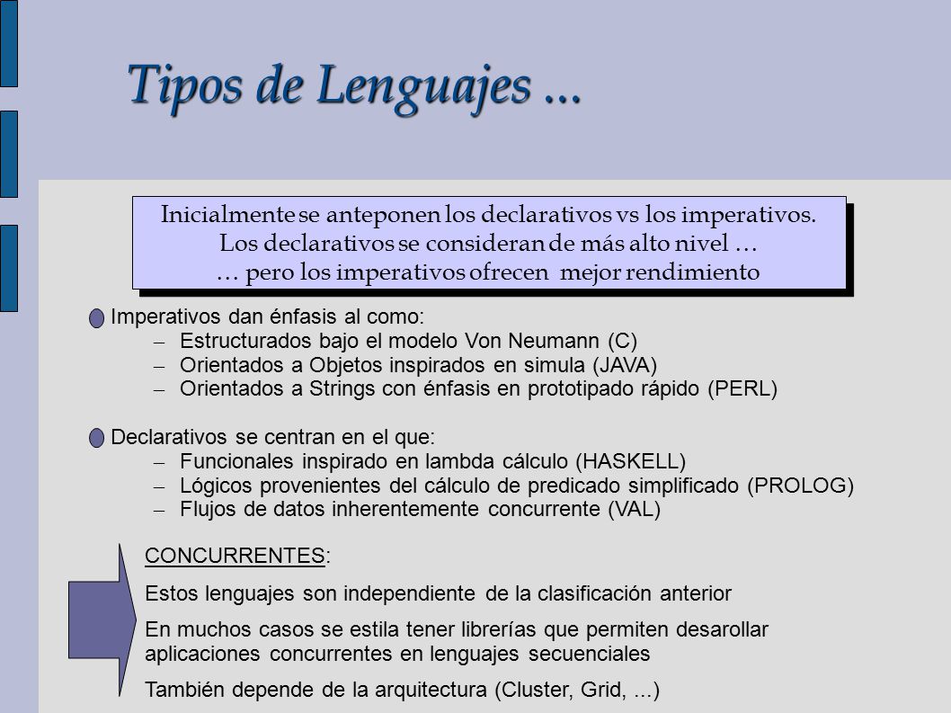Tipos de Lenguajes ... Inicialmente se anteponen los declarativos vs los imperativos. Los declarativos se consideran de más alto nivel …