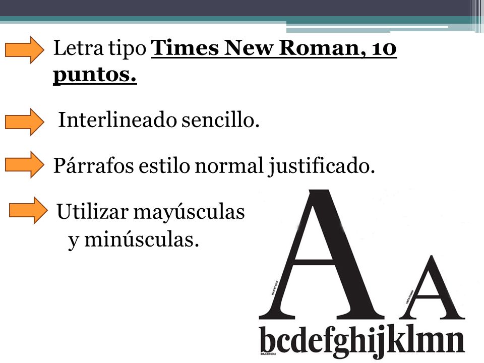 Letra tipo Times New Roman, 10 puntos.
