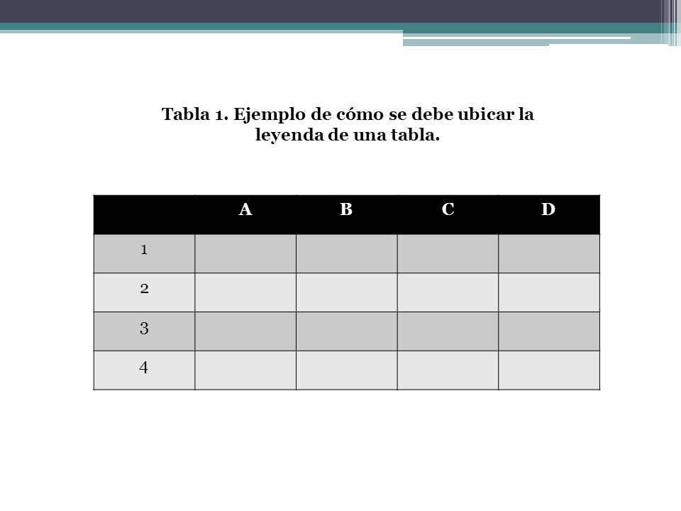 Tabla 1. Ejemplo de cómo se debe ubicar la leyenda de una tabla.