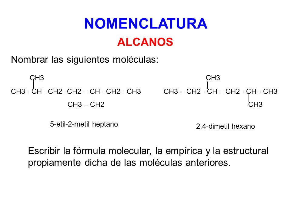 NOMENCLATURA ALCANOS Nombrar las siguientes moléculas: CH3 CH3