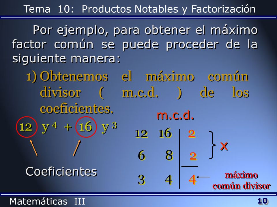 Obtenemos el máximo común divisor ( m.c.d. ) de los coeficientes.