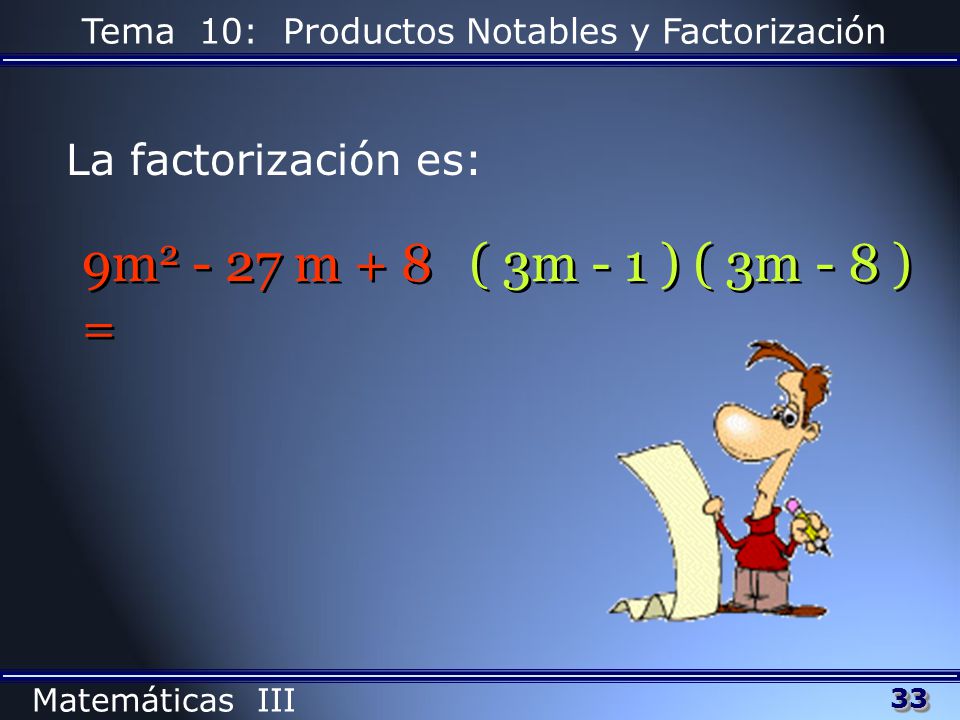 La factorización es: 9m m + 8 = ( 3m - 1 ) ( 3m - 8 )