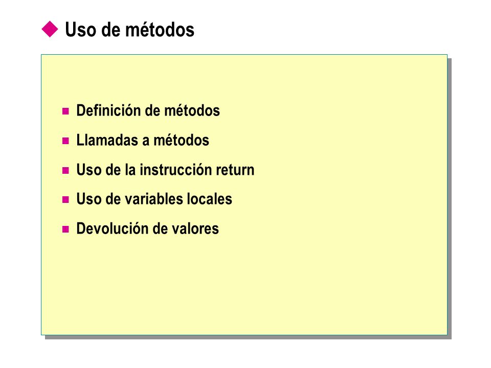 Uso de métodos Definición de métodos Llamadas a métodos