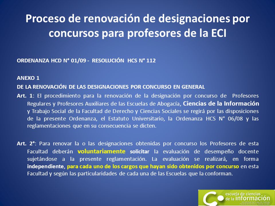 Proceso de renovación de designaciones por concursos para profesores de la ECI