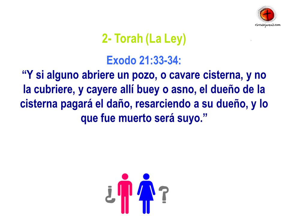 2- Torah (La Ley) Exodo 21:33-34: Y si alguno abriere un pozo, o cavare cisterna, y no la cubriere, y cayere allí buey o asno, el dueño de la cisterna pagará el daño, resarciendo a su dueño, y lo que fue muerto será suyo.