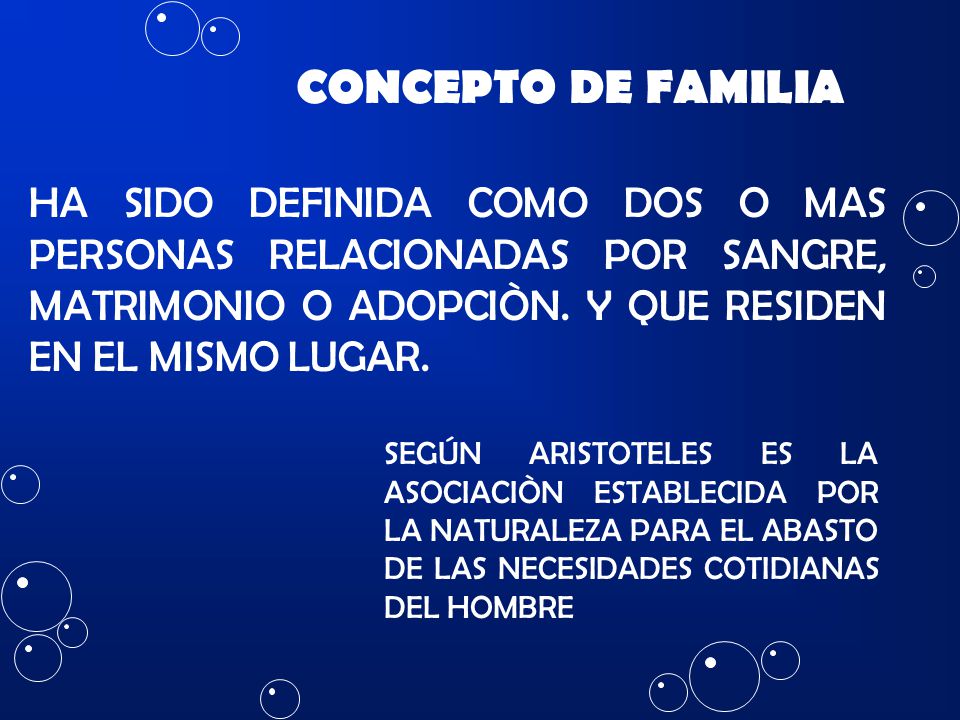 CONCEPTO DE FAMILIA HA SIDO DEFINIDA COMO DOS O MAS PERSONAS RELACIONADAS POR SANGRE, MATRIMONIO O ADOPCIÒN. Y QUE RESIDEN EN EL MISMO LUGAR.