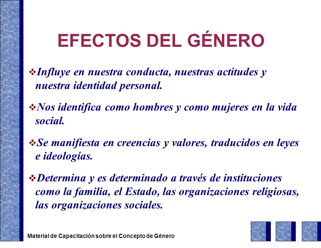 EFECTOS DEL GÉNERO Influye en nuestra conducta, nuestras actitudes y nuestra identidad personal.