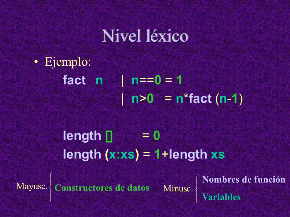 Nivel léxico Ejemplo: fact n | n==0 = 1 | n>0 = n*fact (n-1)