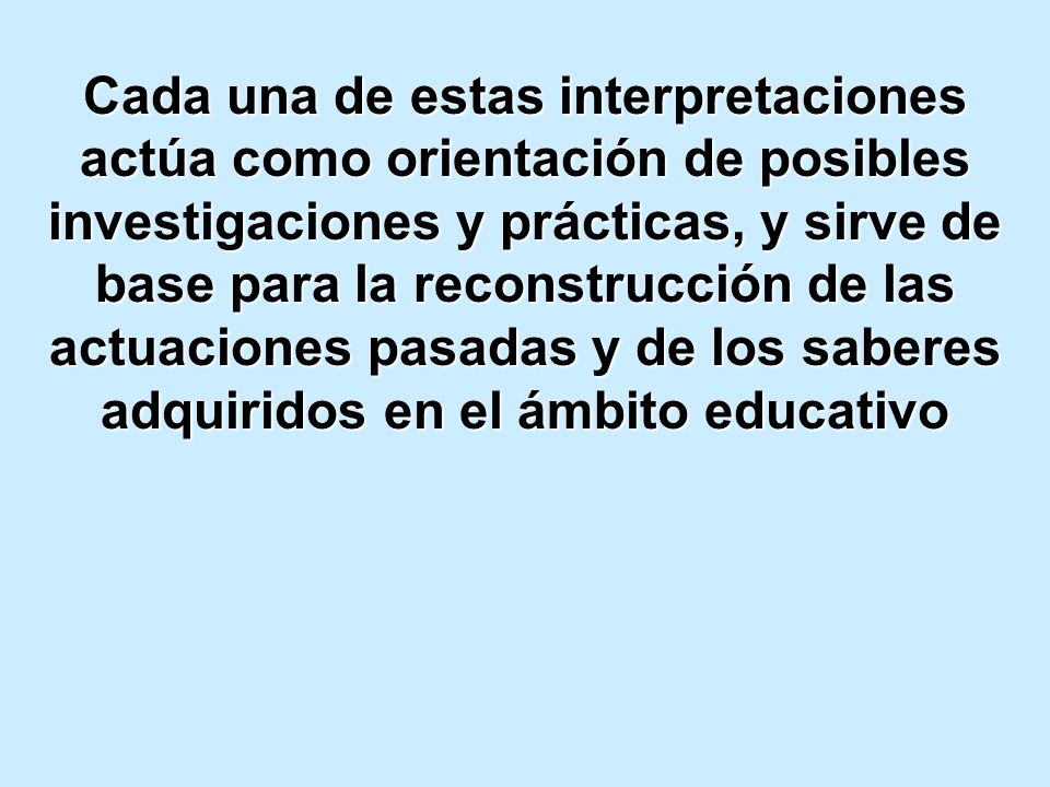 Cada una de estas interpretaciones actúa como orientación de posibles investigaciones y prácticas, y sirve de base para la reconstrucción de las actuaciones pasadas y de los saberes adquiridos en el ámbito educativo