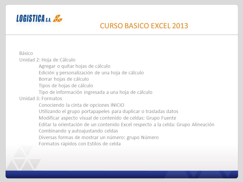 CURSO BASICO EXCEL 2013 Básico Unidad 2: Hoja de Cálculo