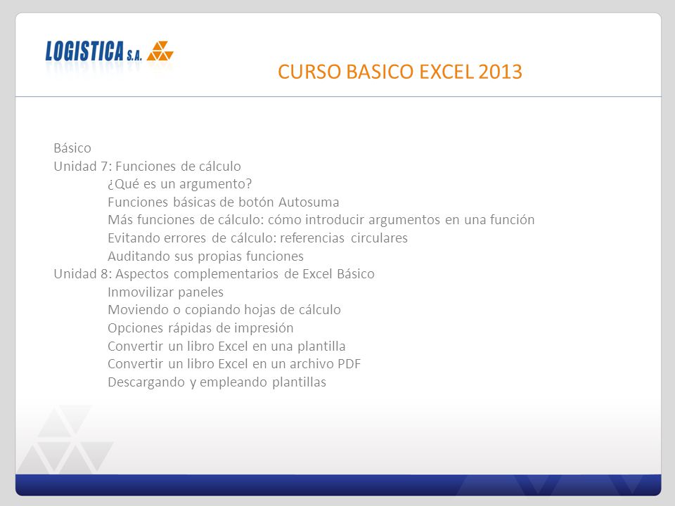 CURSO BASICO EXCEL 2013 Básico Unidad 7: Funciones de cálculo