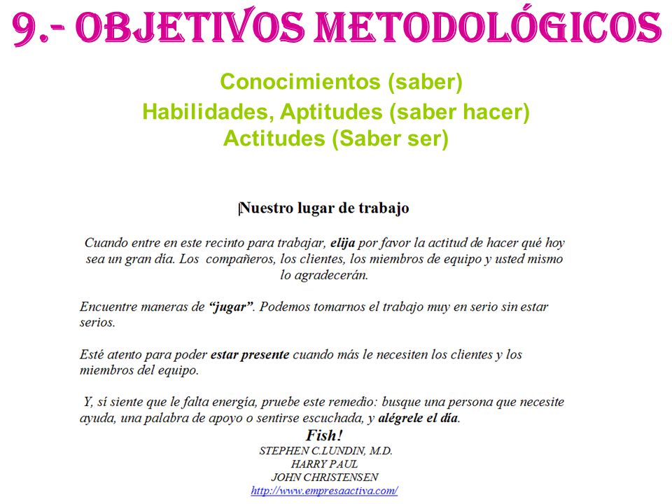 9.- OBJETIVOS METODOLÓGICOS Conocimientos (saber) Habilidades, Aptitudes (saber hacer) Actitudes (Saber ser)