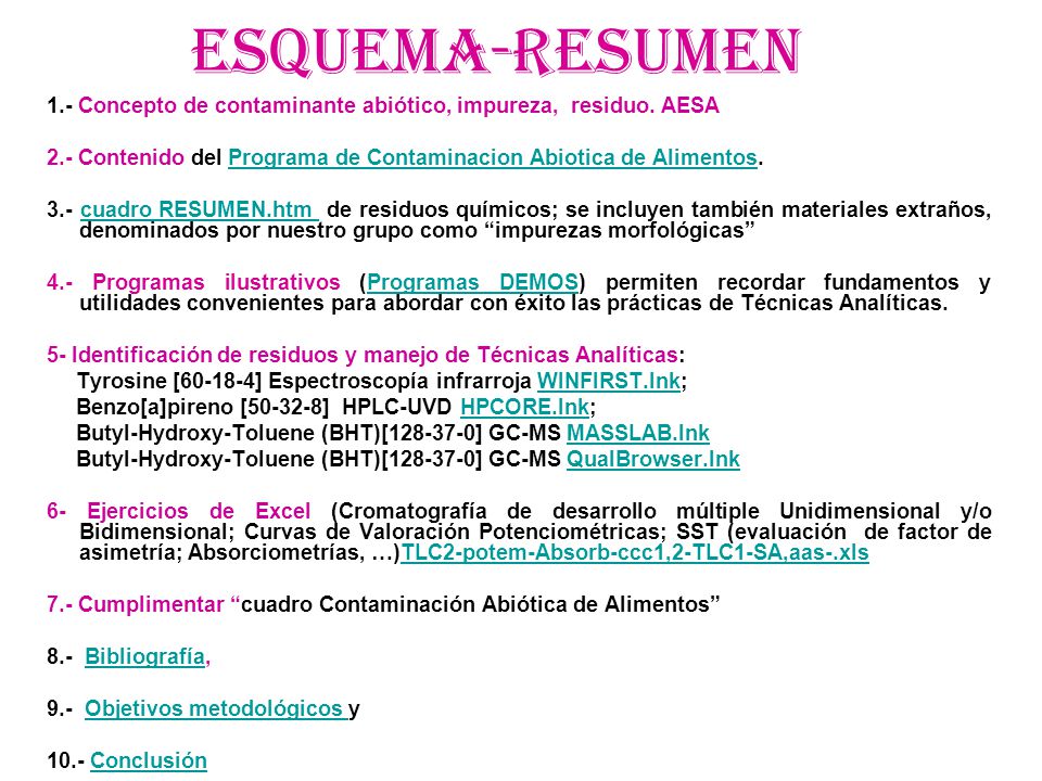 Esquema-resumen 1.- Concepto de contaminante abiótico, impureza, residuo. AESA. 2.- Contenido del Programa de Contaminacion Abiotica de Alimentos.