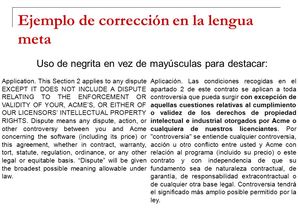 Ejemplo de corrección en la lengua meta