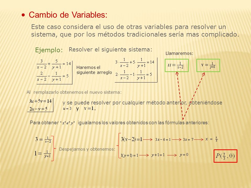 Cambio de Variables: Este caso considera el uso de otras variables para resolver un sistema, que por los métodos tradicionales sería mas complicado.