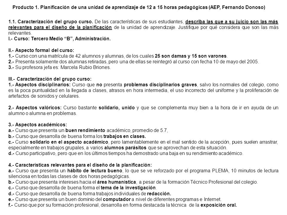 Producto 1. Planificación de una unidad de aprendizaje de 12 a 15 horas pedagógicas (AEP, Fernando Donoso)