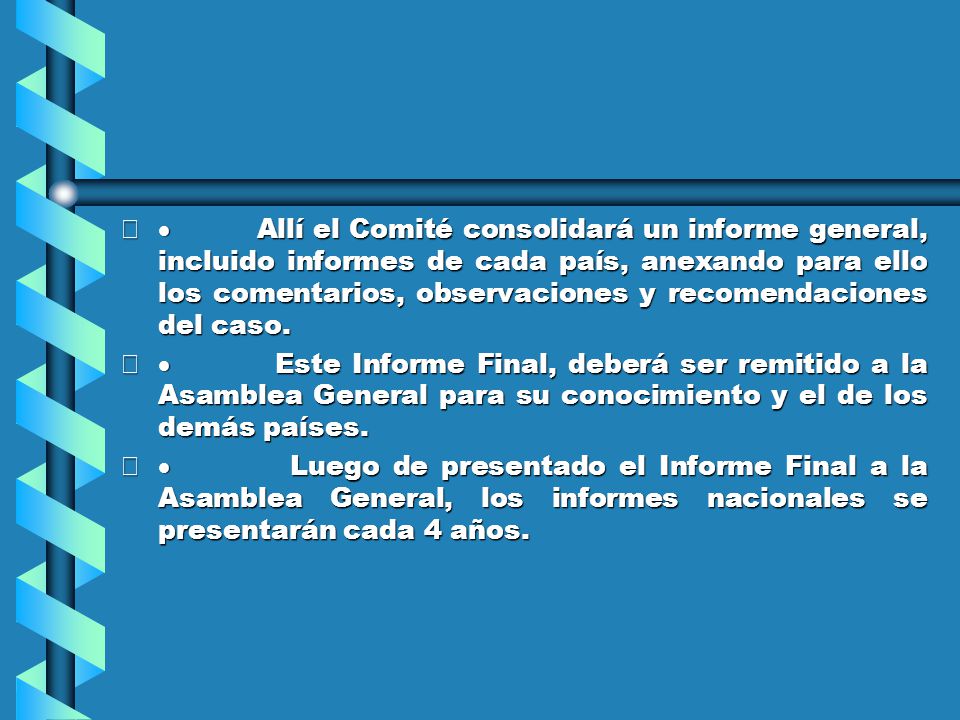 · Allí el Comité consolidará un informe general, incluido informes de cada país, anexando para ello los comentarios, observaciones y recomendaciones del caso.