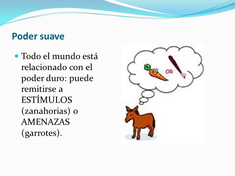 Poder suave Todo el mundo está relacionado con el poder duro: puede remitirse a ESTÍMULOS (zanahorias) o AMENAZAS (garrotes).